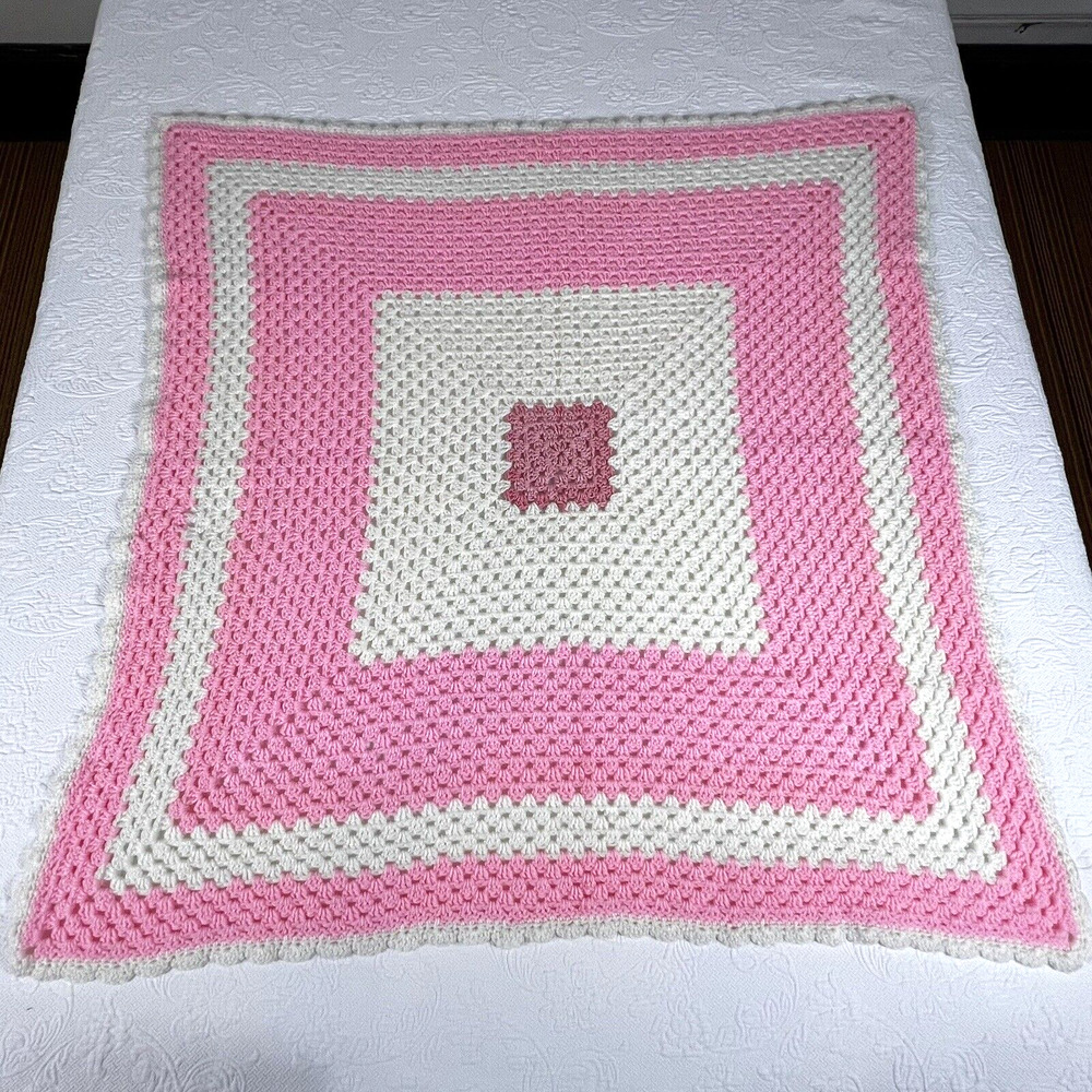 Handmade Afghan Blanket Throw Pink White Square Pattern 46"x48"
